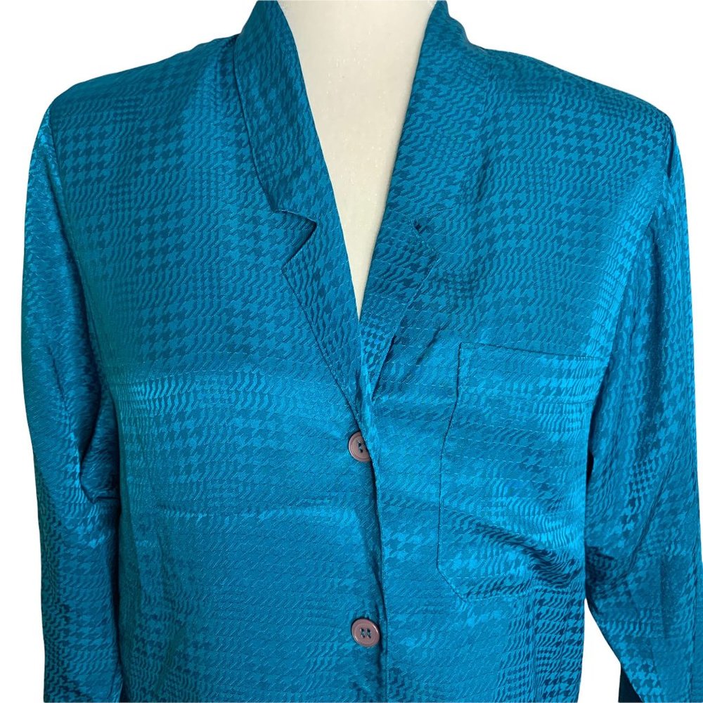 Vintage Silky Button Up Shirt M Teal Blue Long Sleeve Pocket Notch Collar - Picture 2 of 6